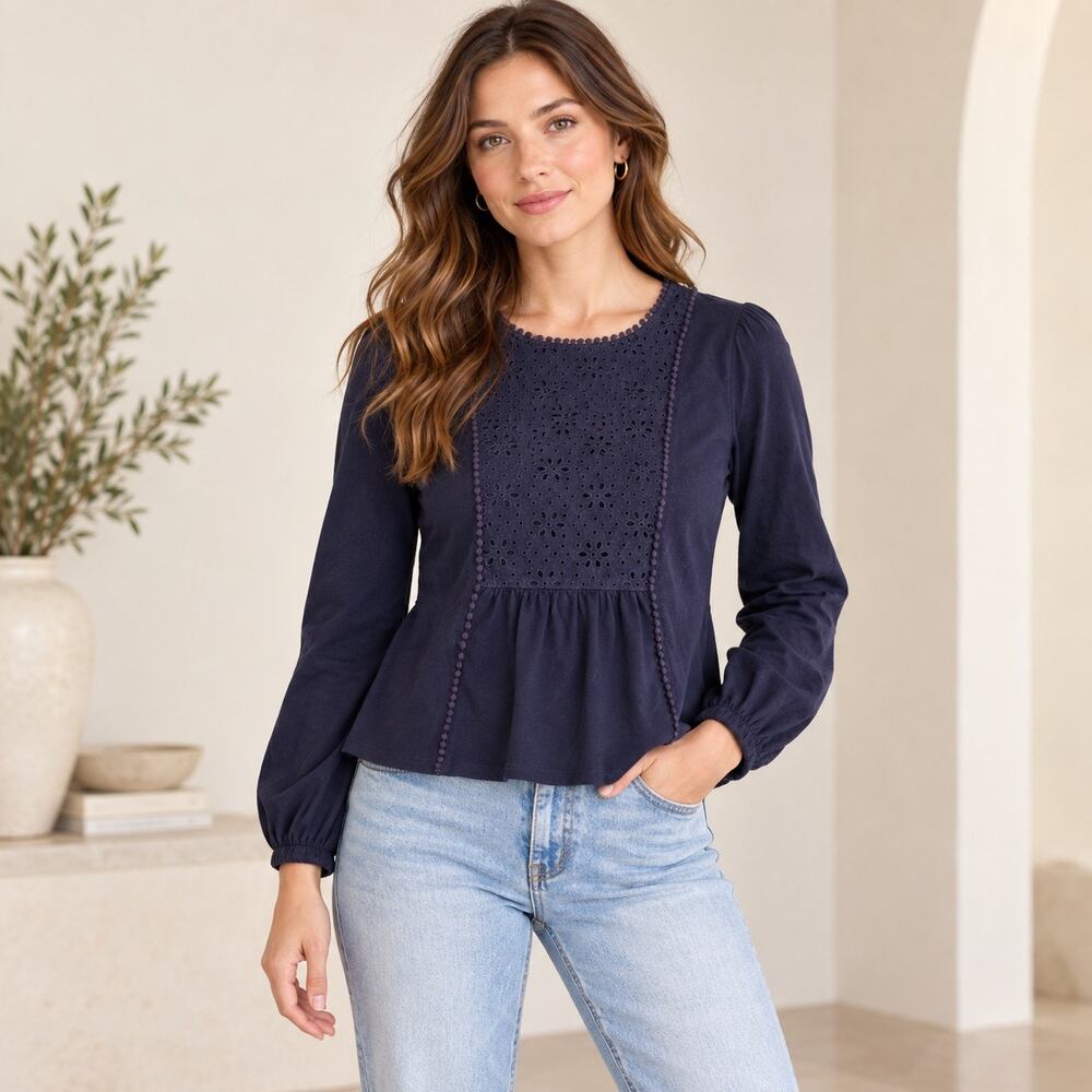 Boho Romantic Luxe Broderie Eyelet Peplum Top Navy Boden 8P Cotton Long Sleeve